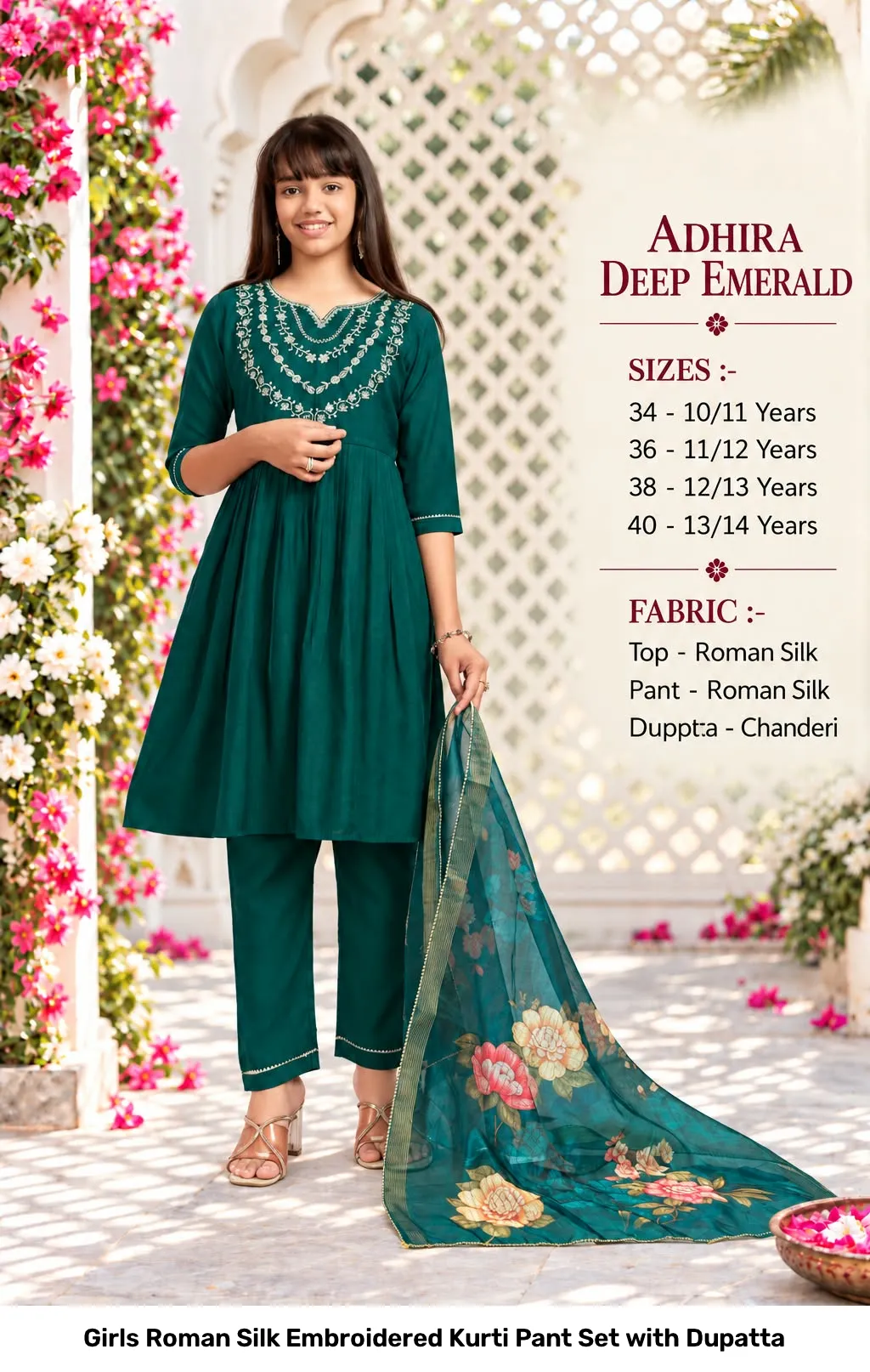 Girls Roman Silk Embroidered Kurti Pant Set with Dupatta 3