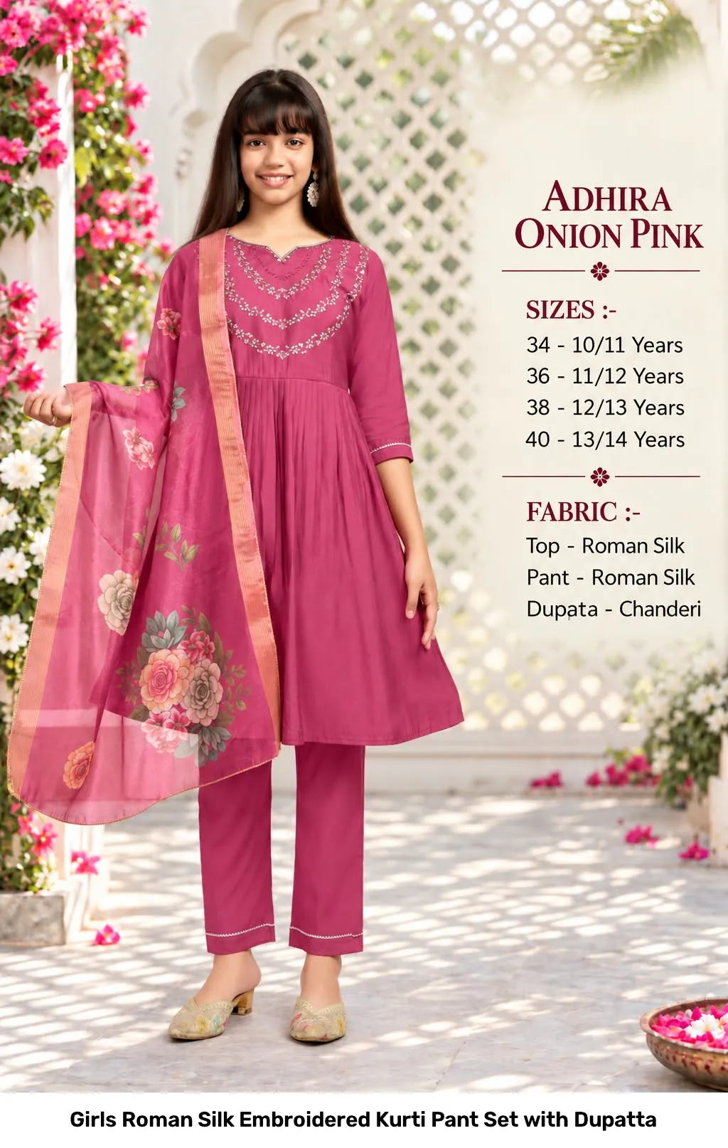 Girls Roman Silk Embroidered Kurti Pant Set with Dupatta 4
