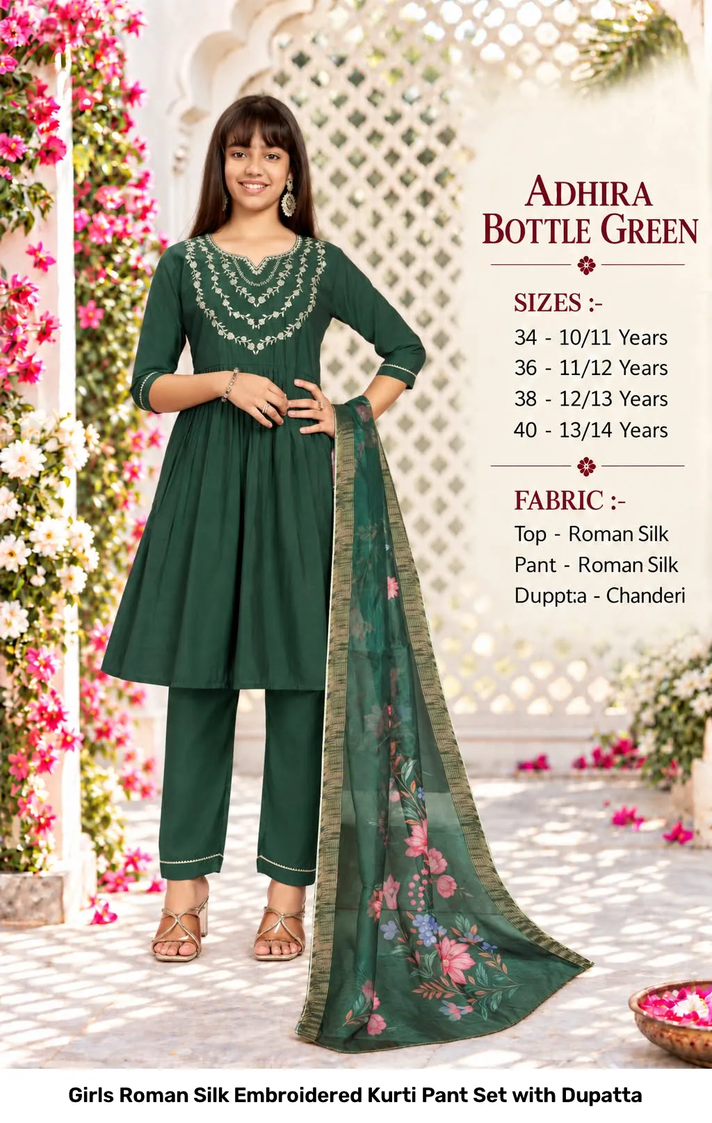 Girls Roman Silk Embroidered Kurti Pant Set with Dupatta 5