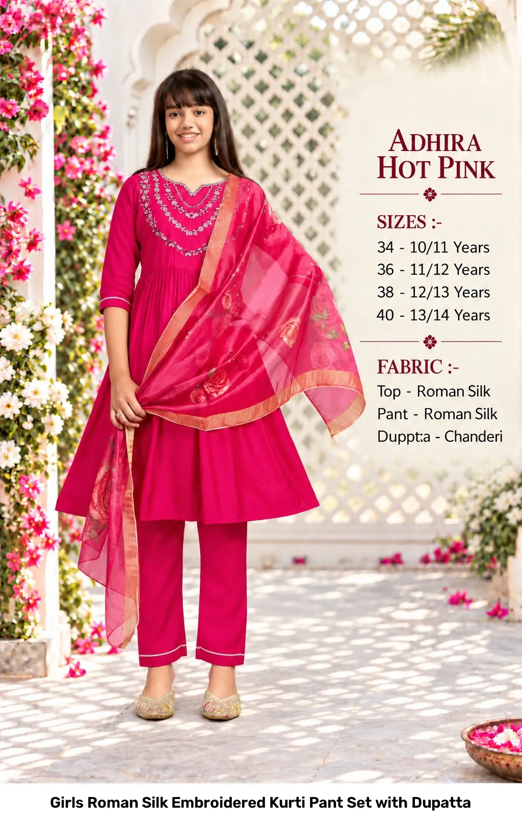 Girls Roman Silk Embroidered Kurti Pant Set with Dupatta 6