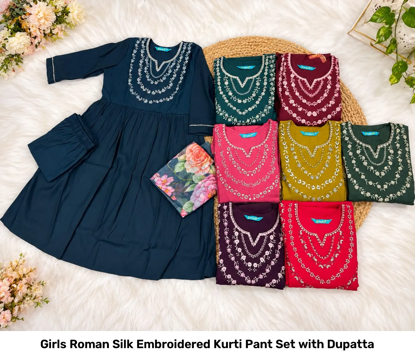 Girls Roman Silk Embroidered Kurti Pant Set with Dupatta 7