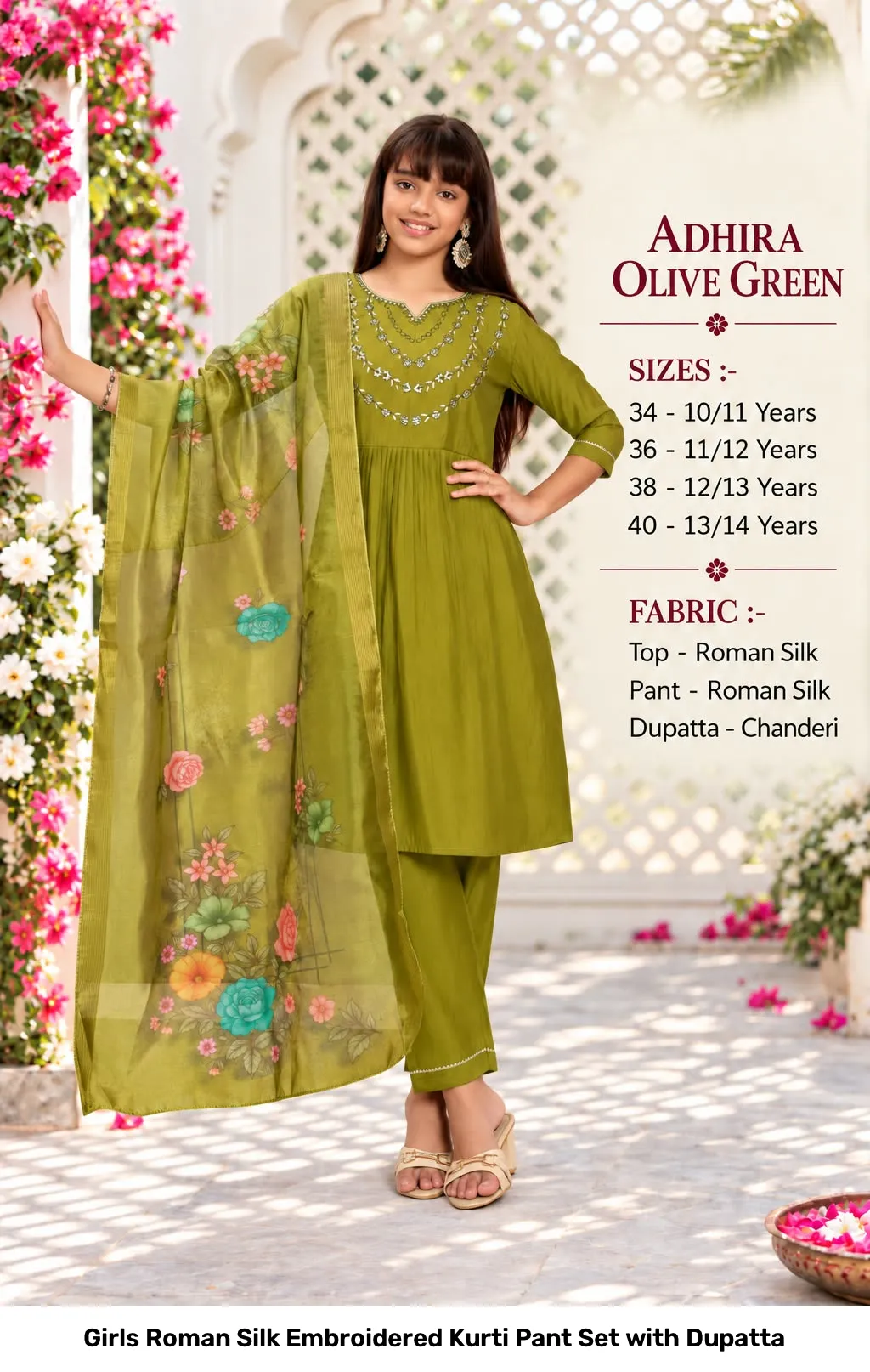 Girls Roman Silk Embroidered Kurti Pant Set with Dupatta 8