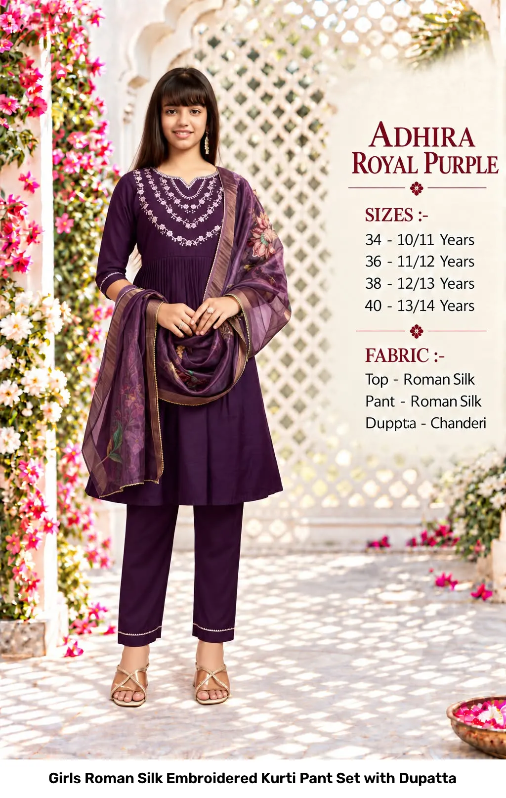 Girls Roman Silk Embroidered Kurti Pant Set with Dupatta 9