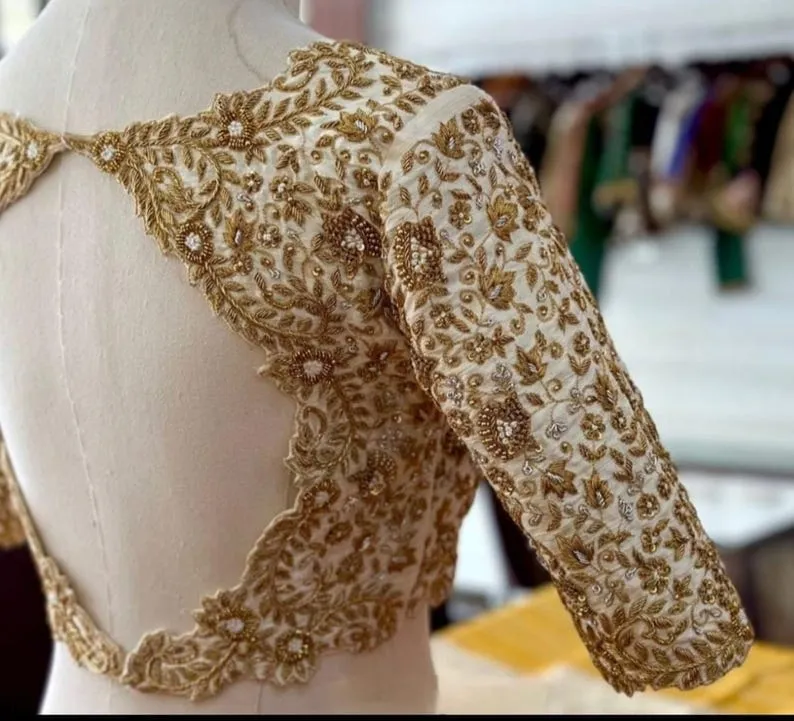 Gold Cutwork Maggam Blouse | Bridal Deep Back Saree Top