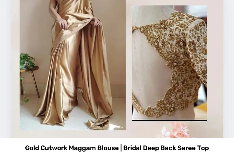 Gold Cutwork Maggam Blouse | Bridal Deep Back Saree Top 2