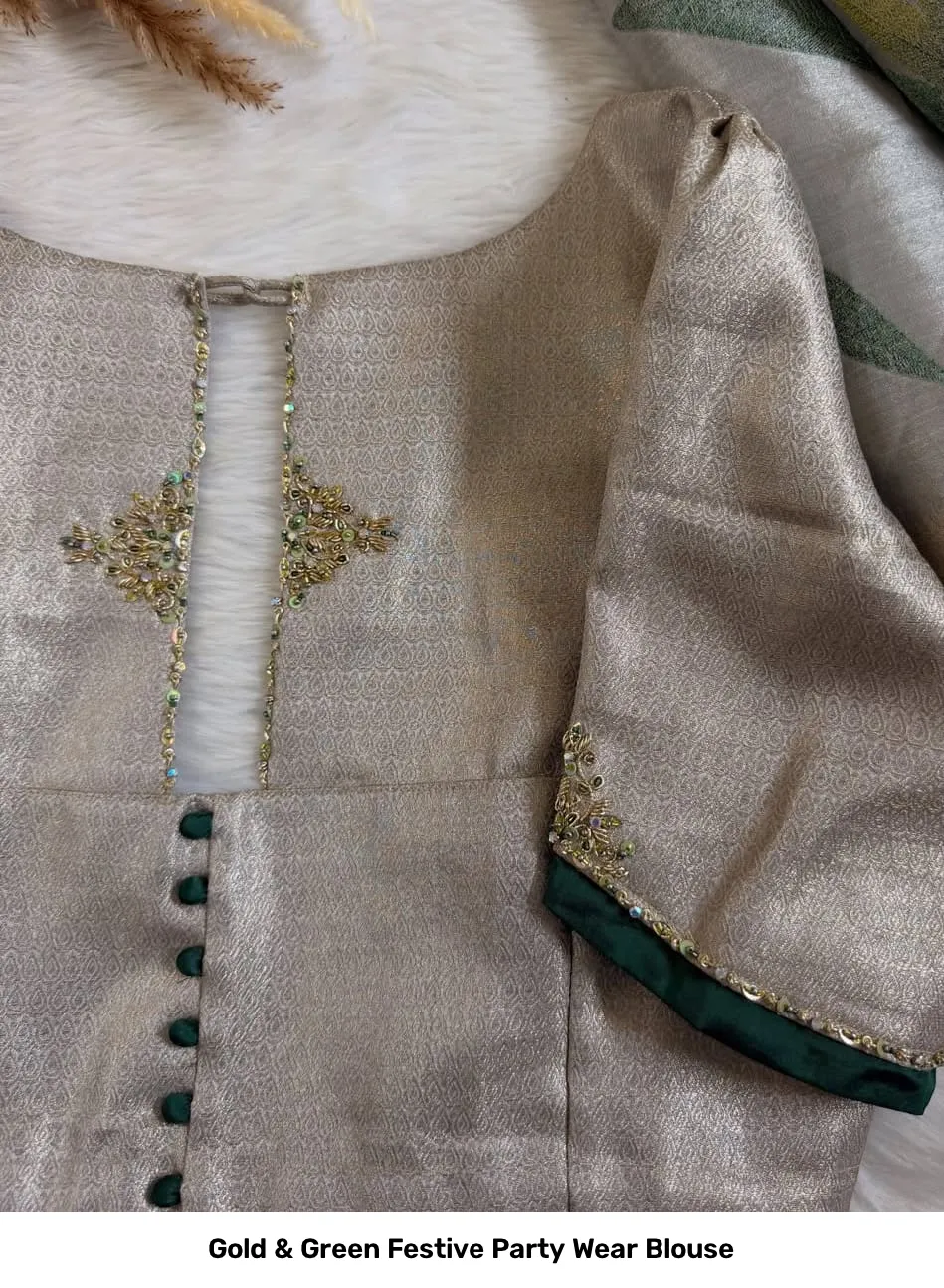 Gold & Green Festive Party Wear Blouse 2