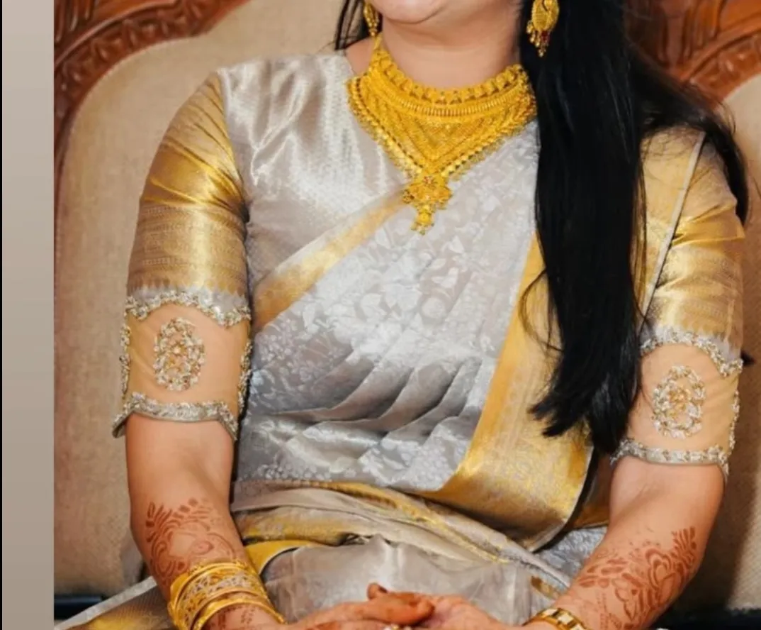 Gold Tissue Net Cutwork Sleeve Bridal Blouse