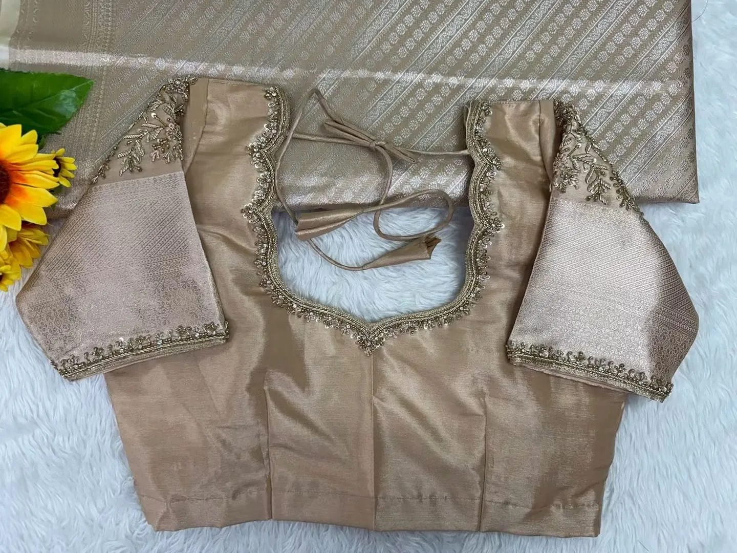 Gold Tissue Silk Saree Blouse with Maggam Work | Scalloped Sweetheart Neck & Brocade Sleeves