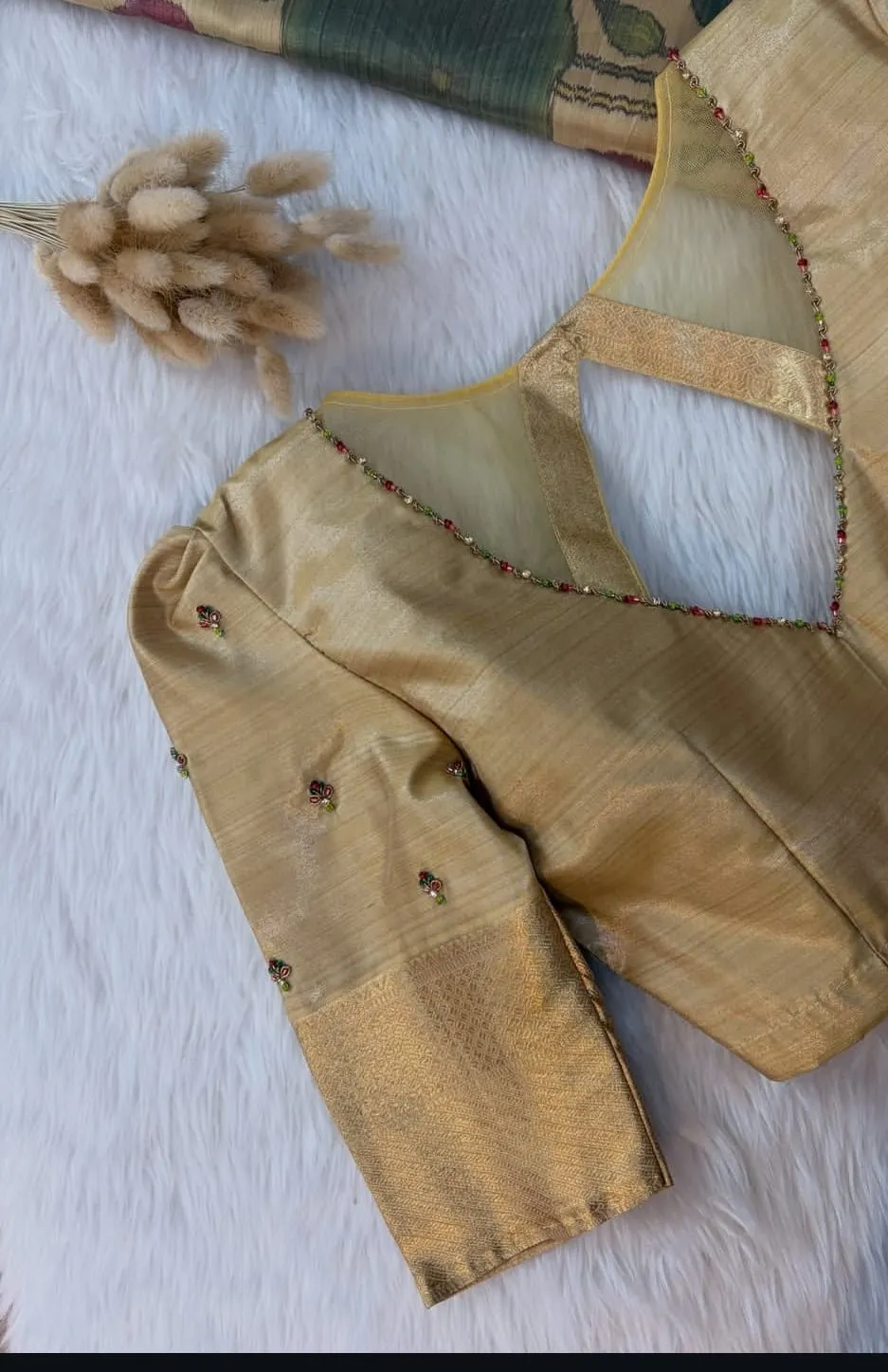 Golden Beige Silk Saree Blouse | Diamond Back Cutout with Zari Border & Puff Sleeves