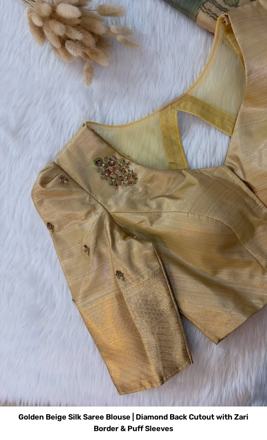 Golden Beige Silk Saree Blouse | Diamond Back Cutout with Zari Border & Puff Sleeves 2