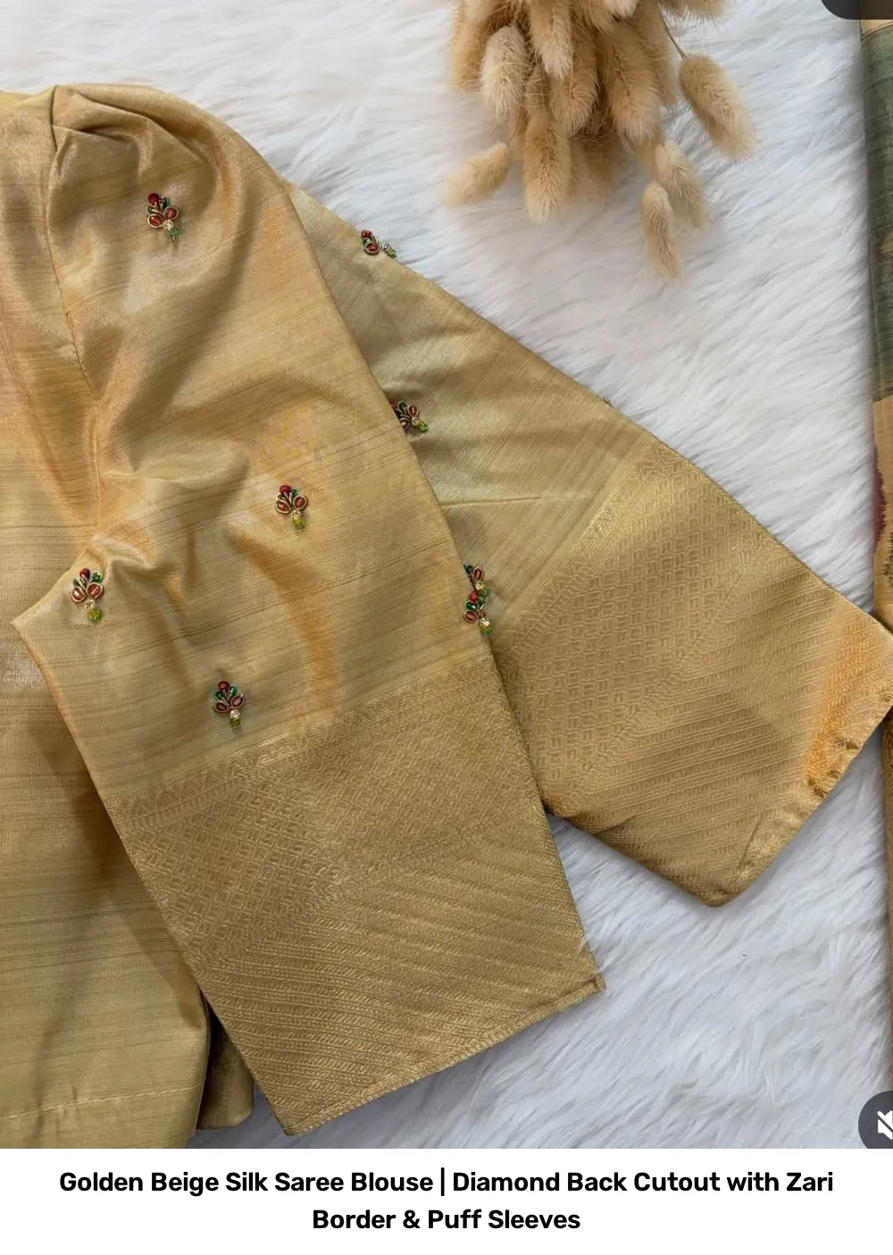 Golden Beige Silk Saree Blouse | Diamond Back Cutout with Zari Border & Puff Sleeves 3