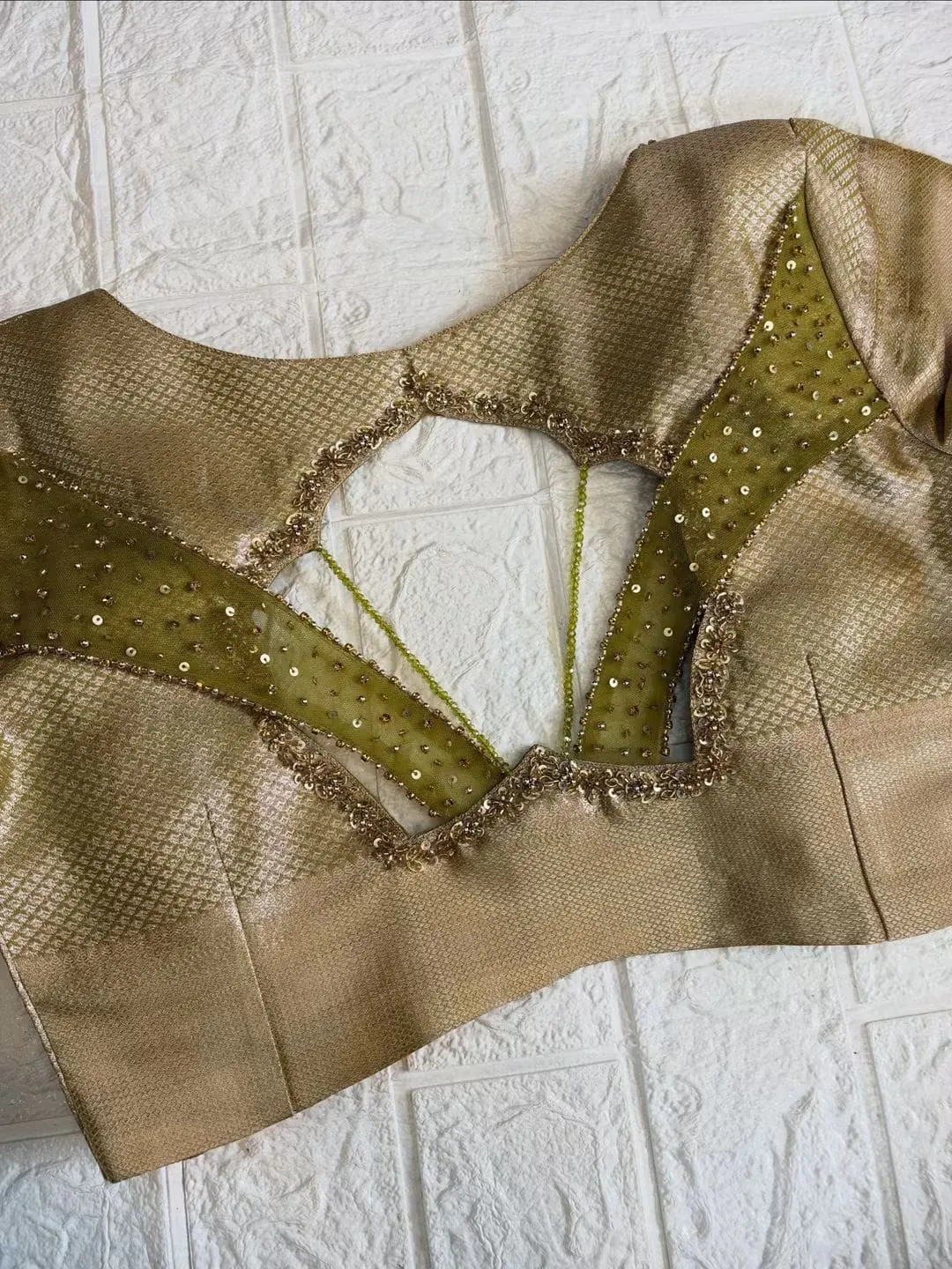 Golden Brocade Readymade Saree Blouse with Net Cutout Back
