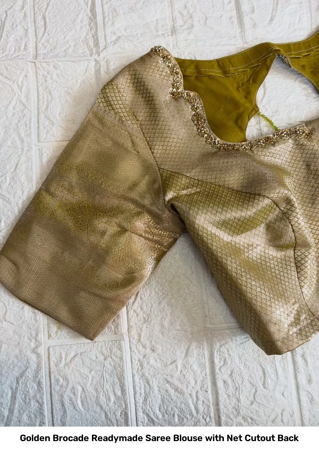 Golden Brocade Readymade Saree Blouse with Net Cutout Back 2