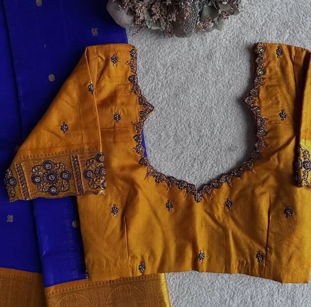 Golden Mustard Raw Silk Blouse with Contrast Purple-Blue Hand Embroidery & Deep Sweetheart Neckline
