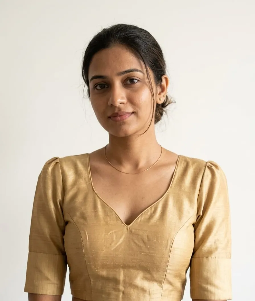 Golden Raw Silk Readymade Saree Blouse – Sweetheart Neck Puff Sleeve Choli with Sheer Net Cut-Out Back