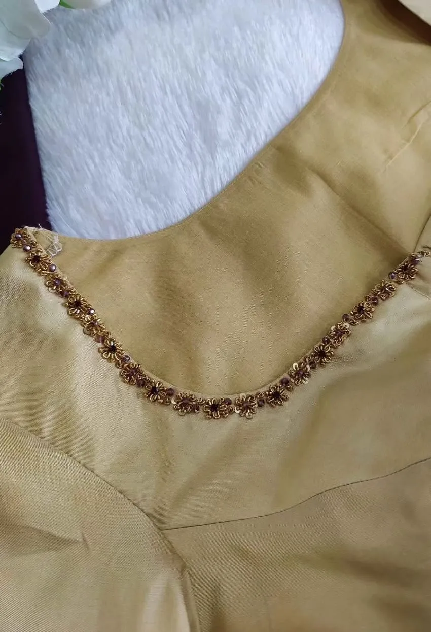 Golden Silk Readymade Saree Blouse with Floral Hand Embroidery