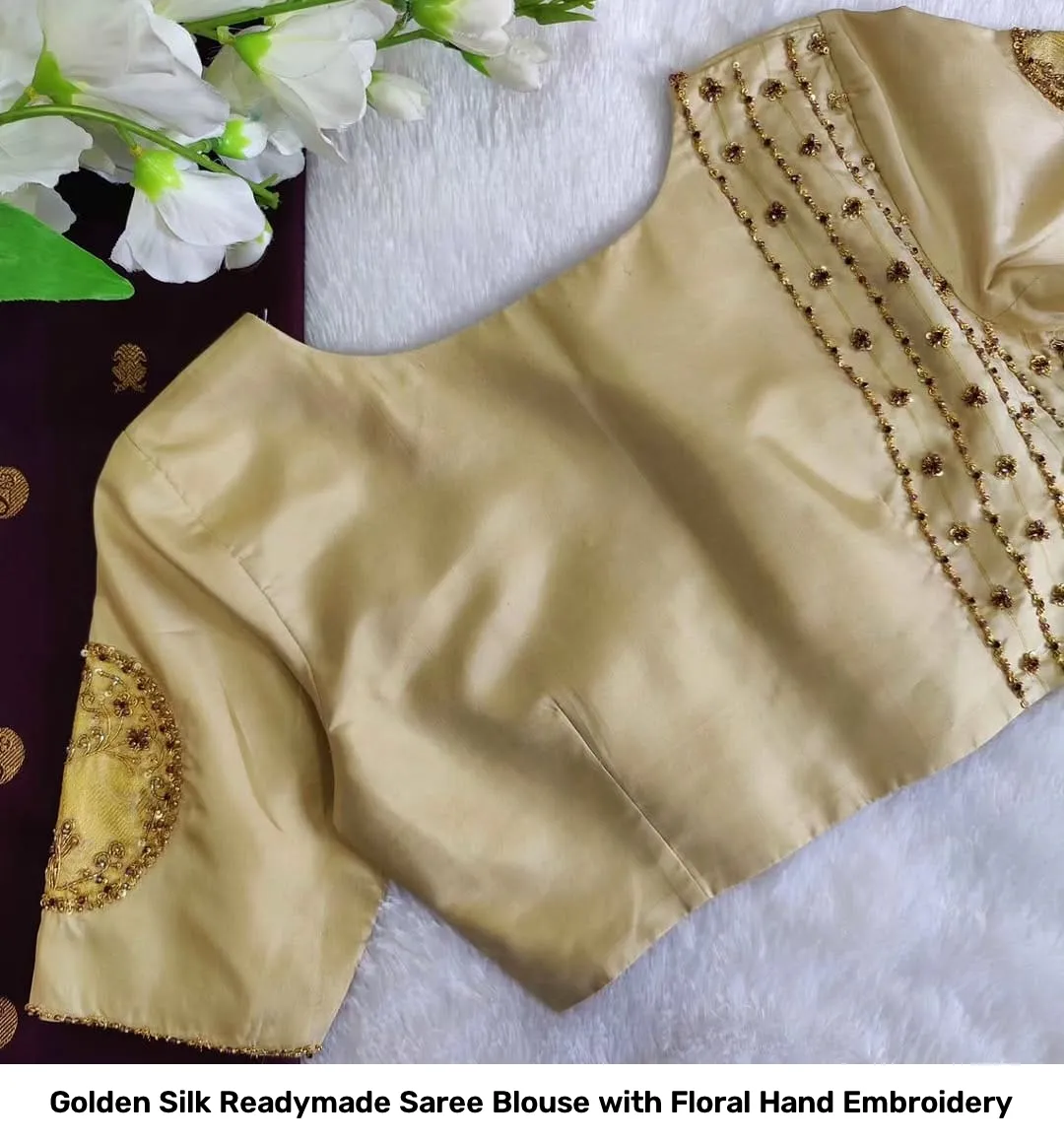 Golden Silk Readymade Saree Blouse with Floral Hand Embroidery 2