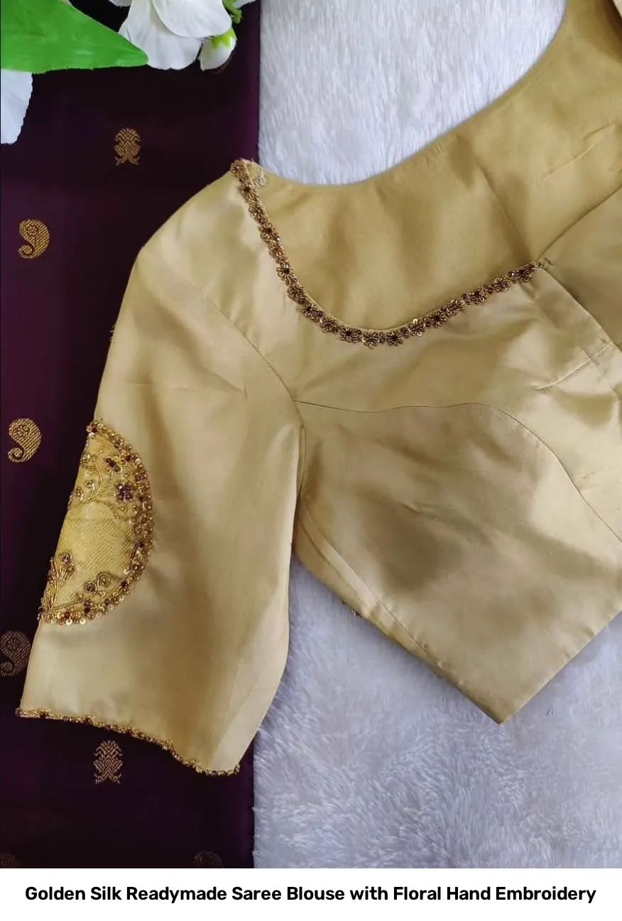 Golden Silk Readymade Saree Blouse with Floral Hand Embroidery 3