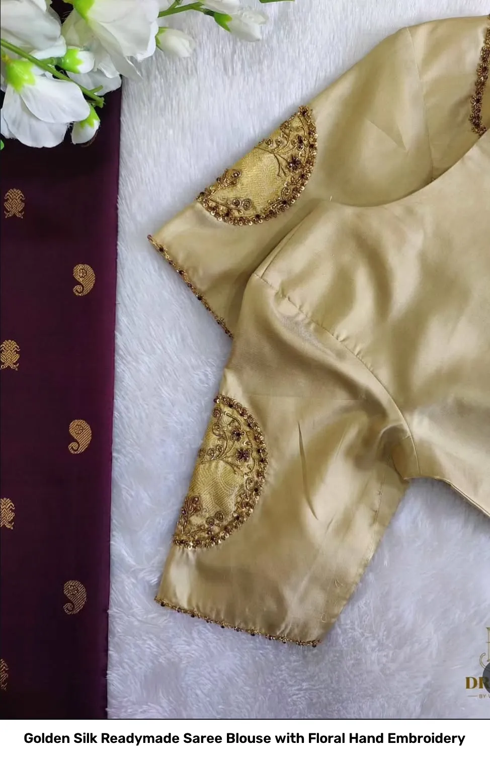 Golden Silk Readymade Saree Blouse with Floral Hand Embroidery 4