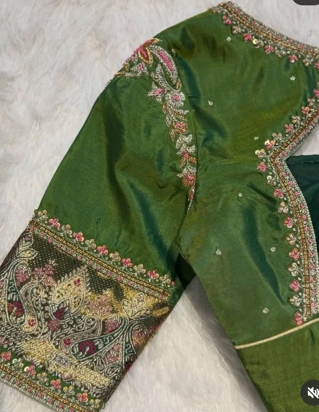 Green Designer Silk Blouse with Hand Embroidery & Brocade Sleeves