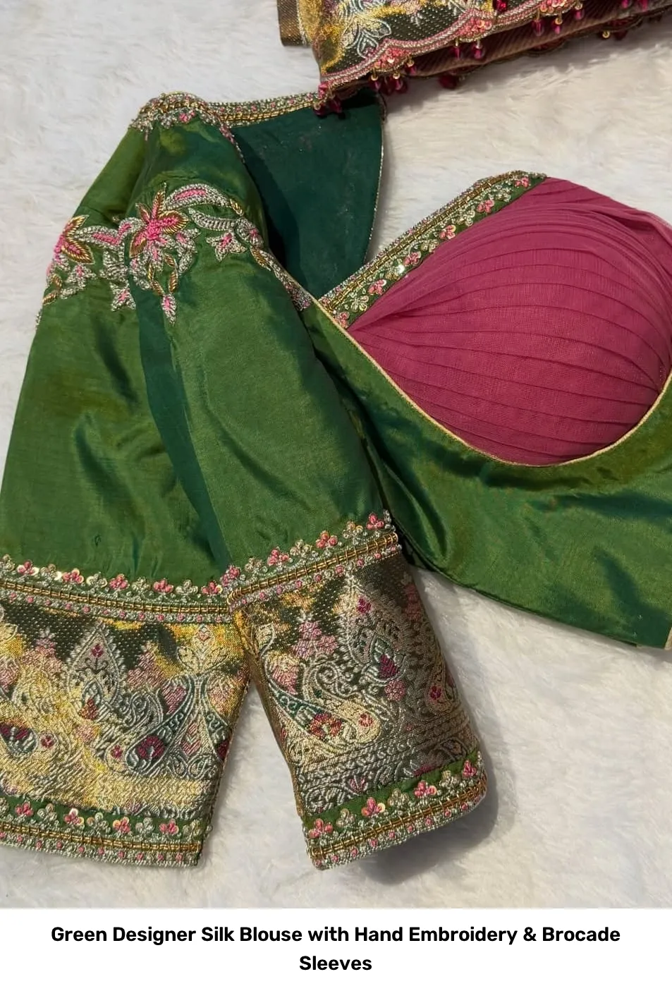 Green Designer Silk Blouse with Hand Embroidery & Brocade Sleeves 2