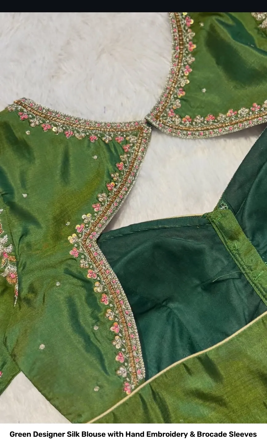 Green Designer Silk Blouse with Hand Embroidery & Brocade Sleeves 3