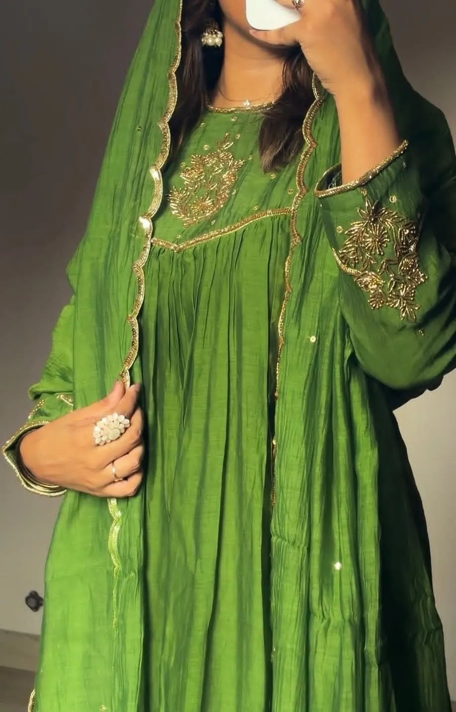 Green Hand-Embroidered Anarkali Suit with Dupatta