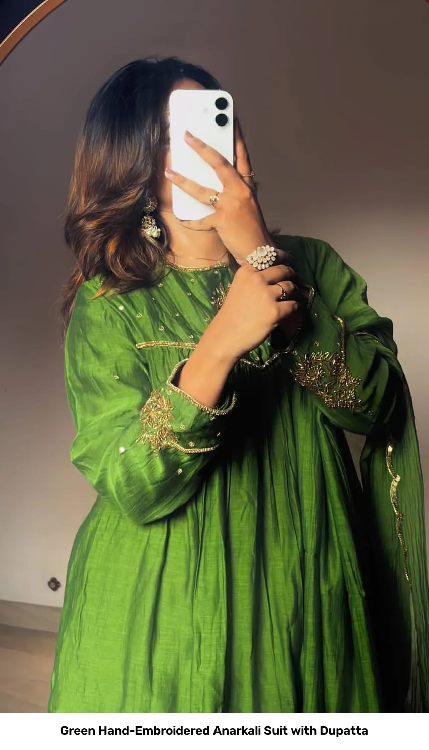 Green Hand-Embroidered Anarkali Suit with Dupatta 5