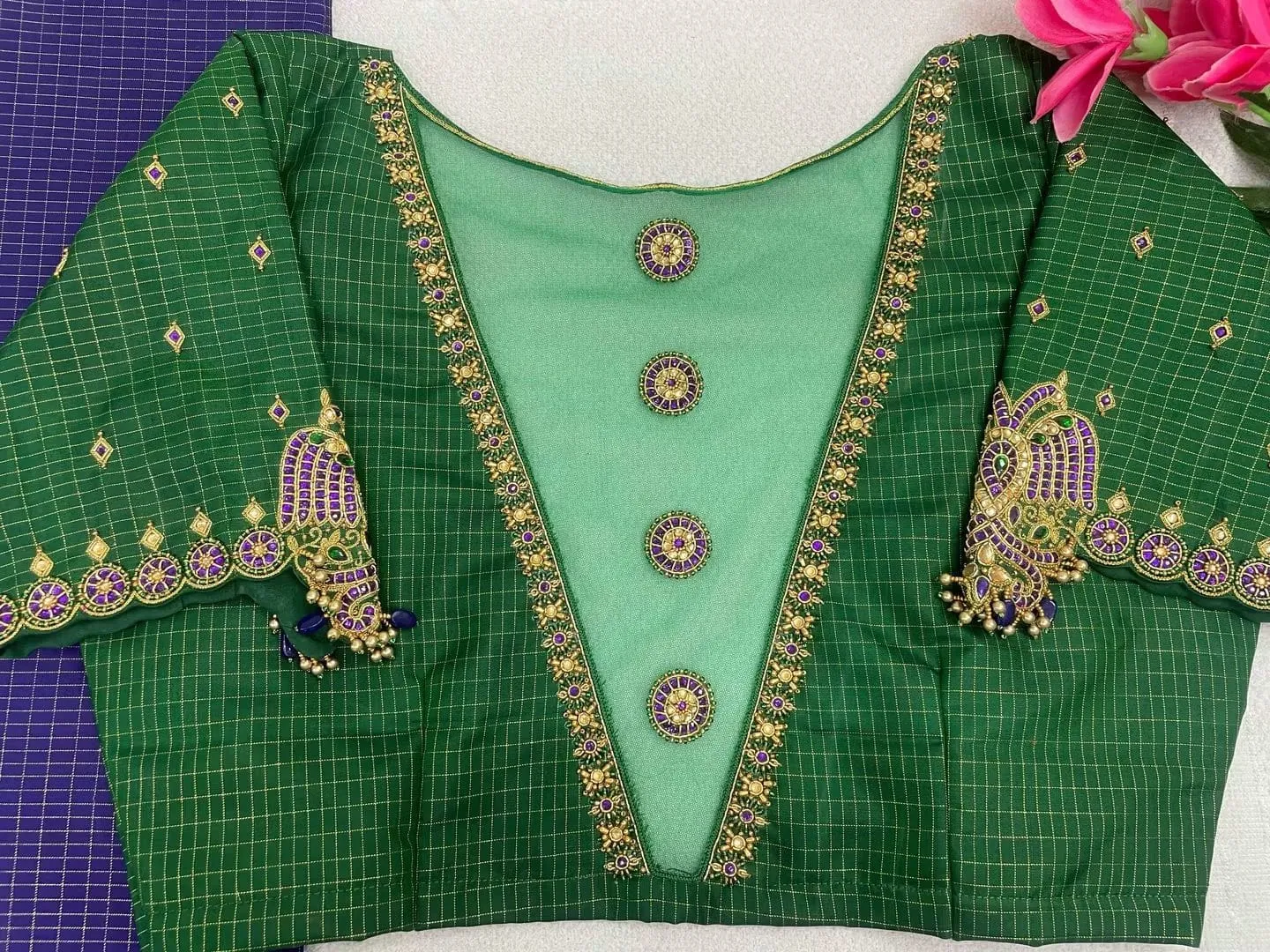 Green Maggam Work Blouse – Peacock Net Back Saree Blouse