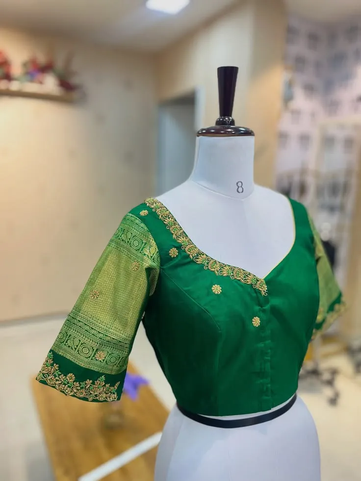 Green Maggam Work Silk Readymade Saree Blouse with Dori
