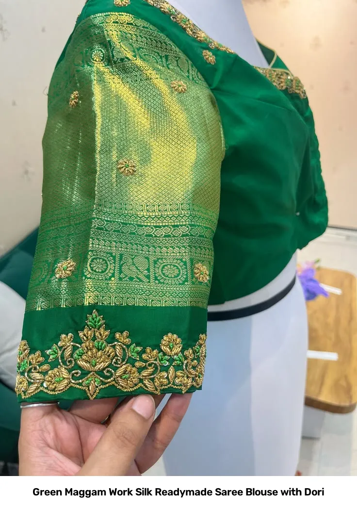 Green Maggam Work Silk Readymade Saree Blouse with Dori 2