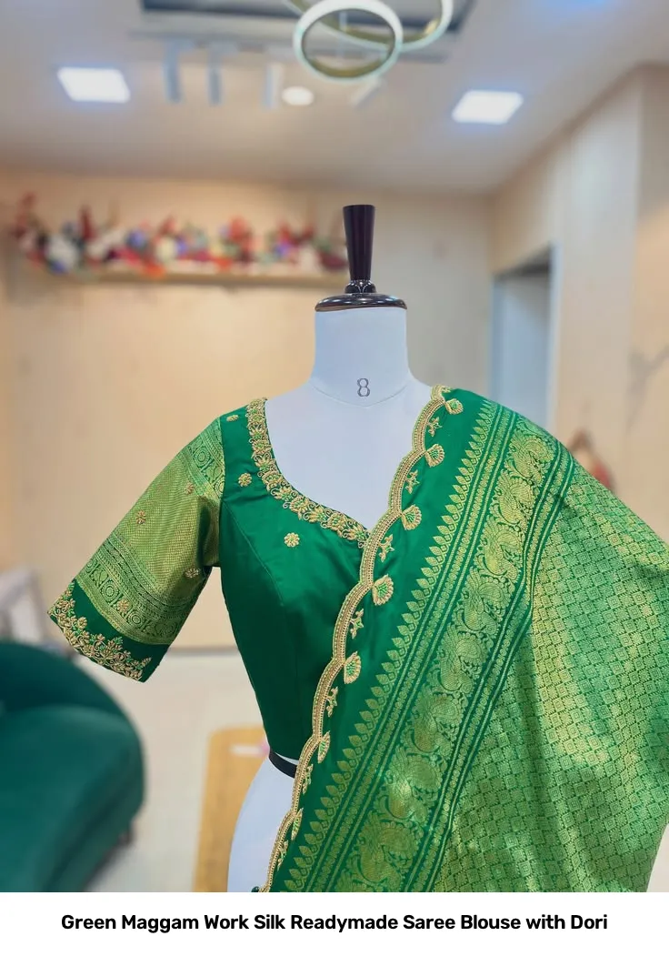 Green Maggam Work Silk Readymade Saree Blouse with Dori 3