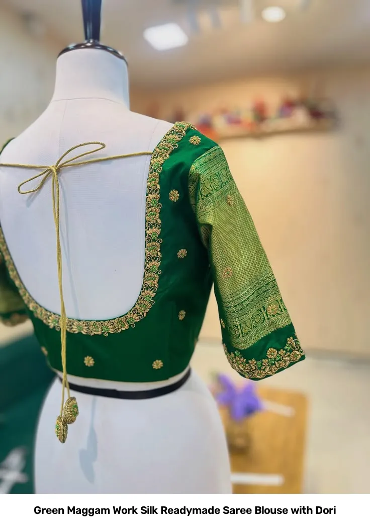 Green Maggam Work Silk Readymade Saree Blouse with Dori 4