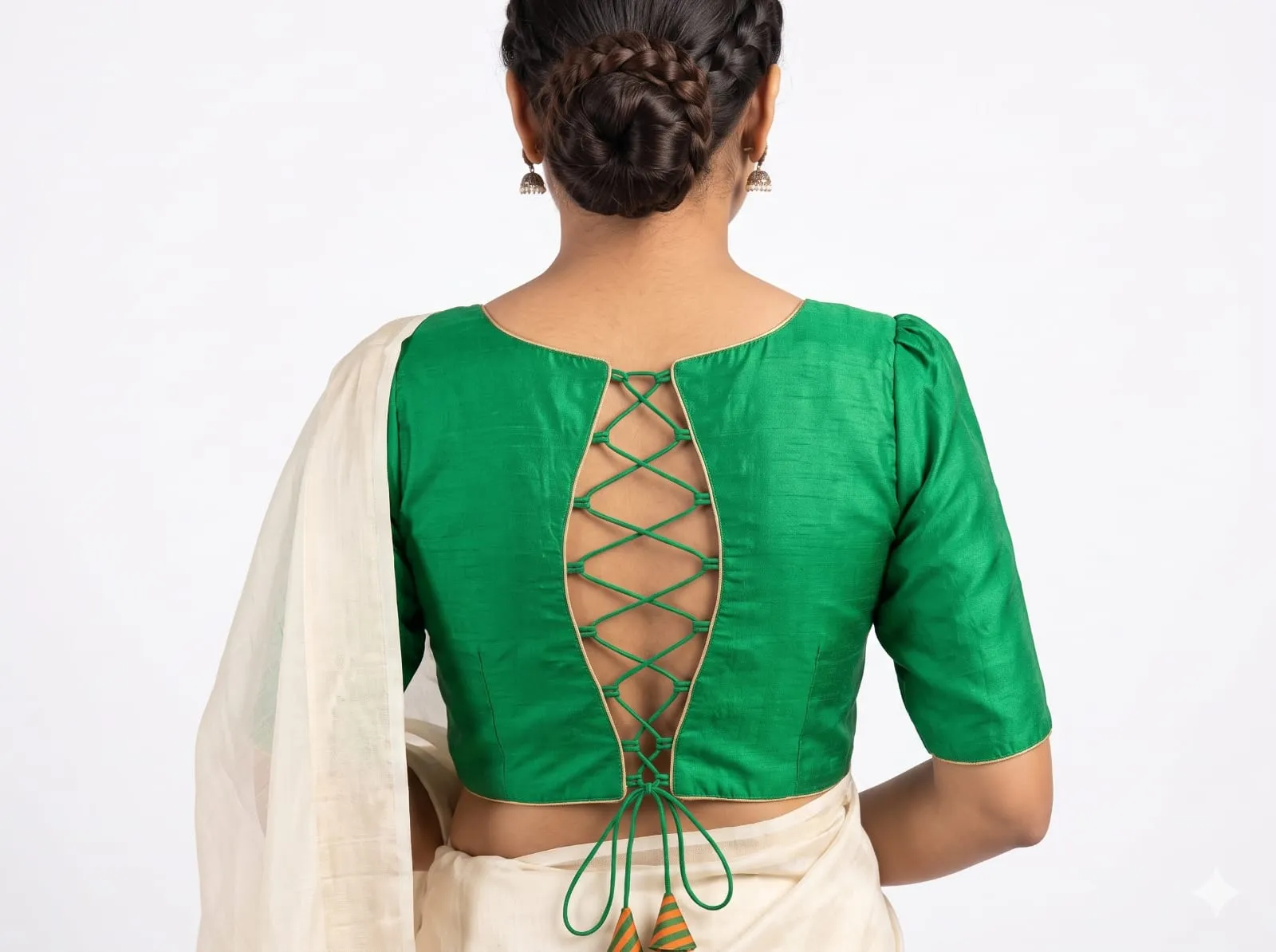 Green Raw Silk Cutout Back Blouse Lace-Up Dori Saree Blouse