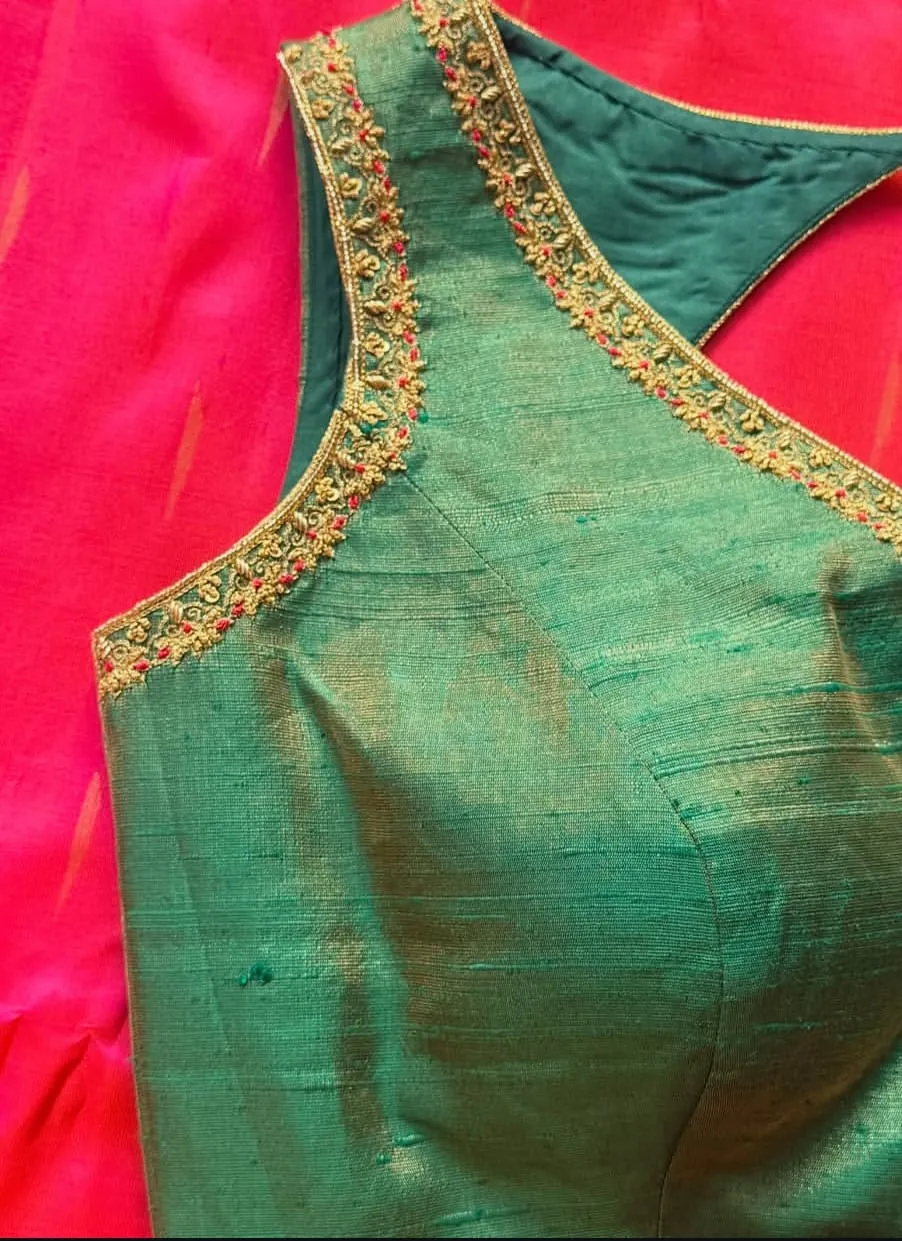 Green Raw Silk Sleeveless Saree Blouse with Delicate Aari Zardosi Work – Readymade Padded Blouse