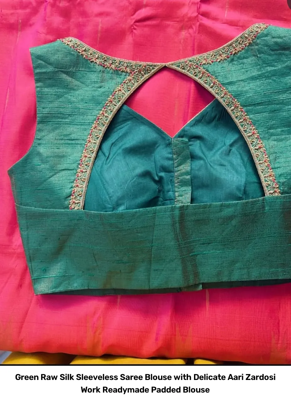 Green Raw Silk Sleeveless Saree Blouse with Delicate Aari Zardosi Work – Readymade Padded Blouse 2