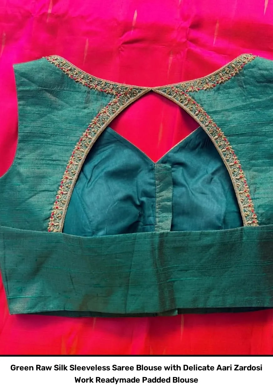 Green Raw Silk Sleeveless Saree Blouse with Delicate Aari Zardosi Work – Readymade Padded Blouse 5