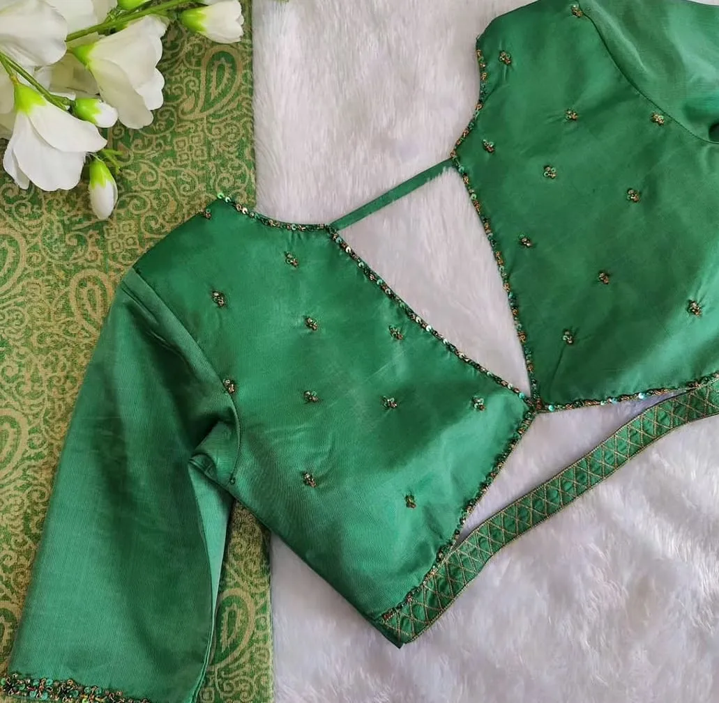 Green Silk Readymade Saree Blouse with Cutout Back & Sequin Work