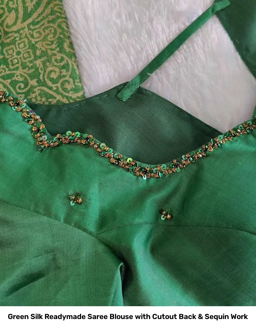 Green Silk Readymade Saree Blouse with Cutout Back & Sequin Work 2