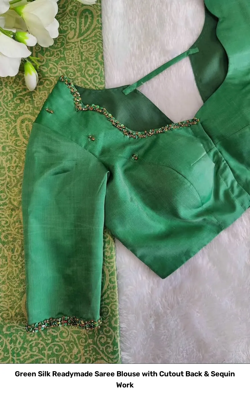 Green Silk Readymade Saree Blouse with Cutout Back & Sequin Work 3
