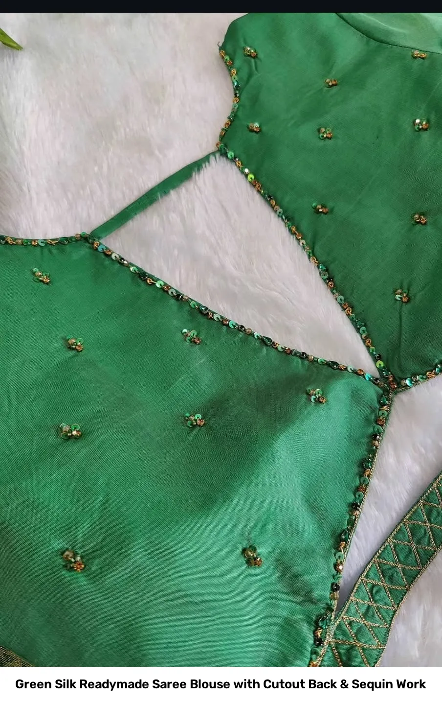 Green Silk Readymade Saree Blouse with Cutout Back & Sequin Work 4