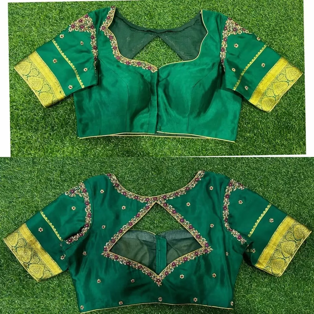 Green Silk Readymade Saree Blouse with Diamond Cutout Back
