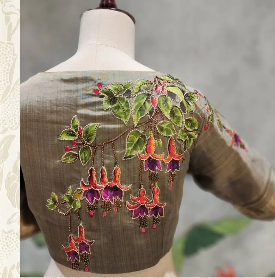 Grey Floral Hanging Aari Work Blouse