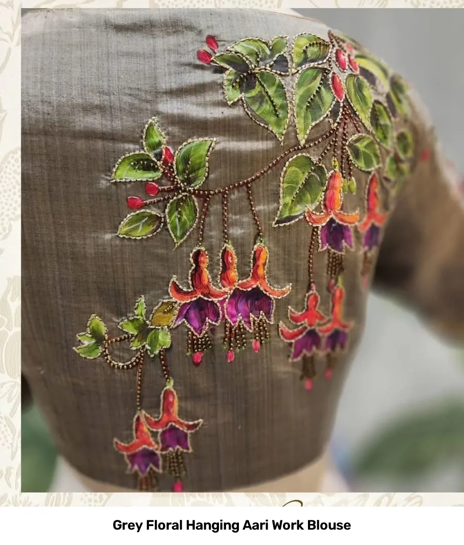 Grey Floral Hanging Aari Work Blouse 2