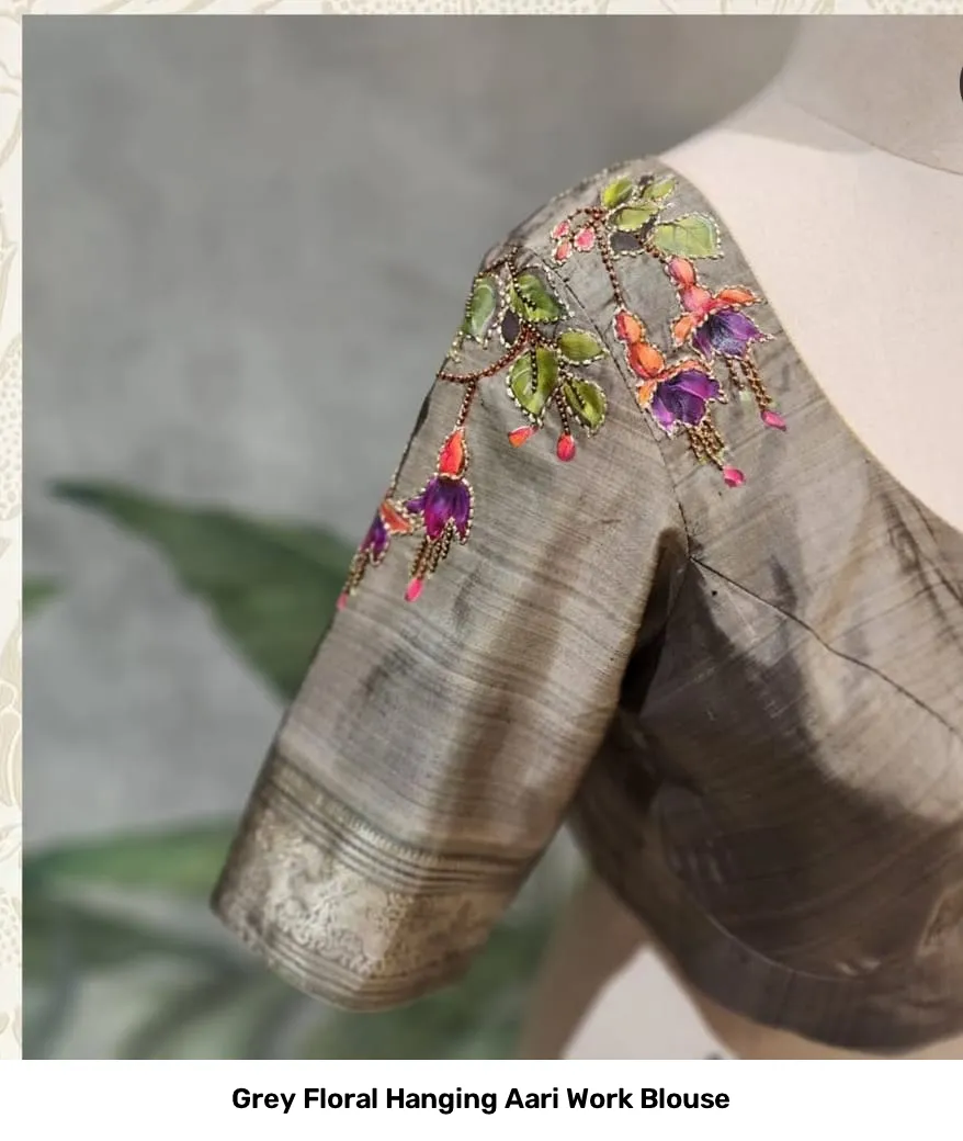 Grey Floral Hanging Aari Work Blouse 3