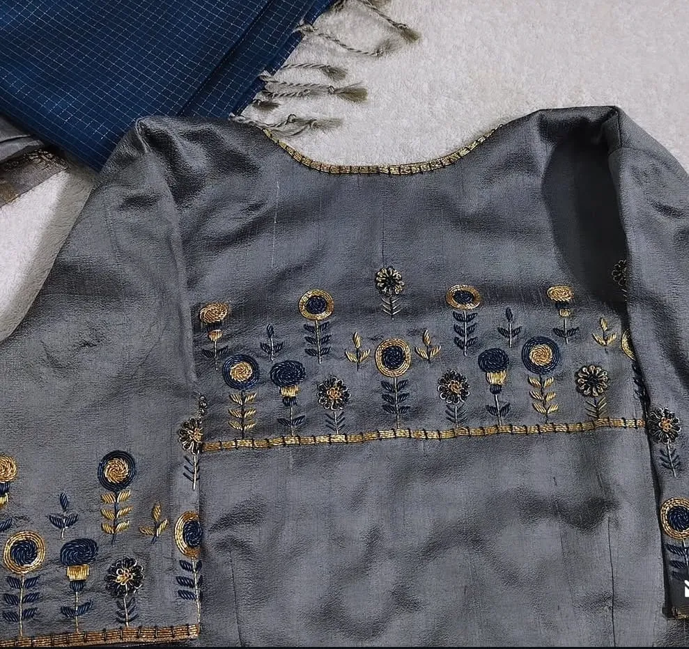 Grey Raw Silk Designer Blouse | Gold & Peacock Blue Zardozi Hand Embroidery | Floral Motif Sleeves & Neckline | Custom Stitched Saree Blouse