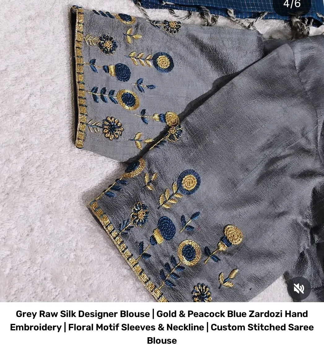 Grey Raw Silk Designer Blouse | Gold & Peacock Blue Zardozi Hand Embroidery | Floral Motif Sleeves & Neckline | Custom Stitched Saree Blouse 2