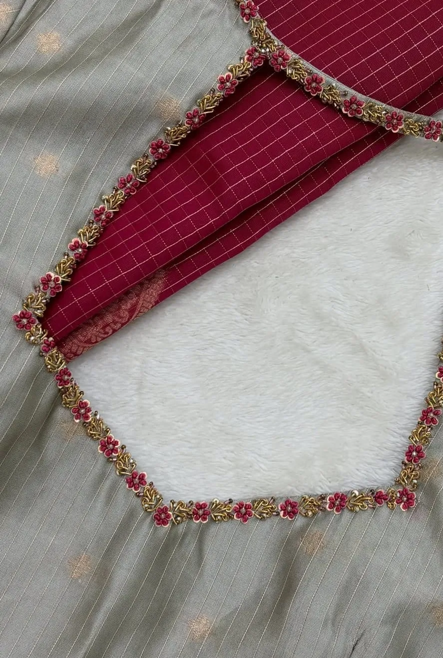 Grey Silk Readymade Saree Blouse with Floral Hand Embroidery