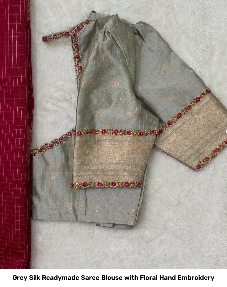 Grey Silk Readymade Saree Blouse with Floral Hand Embroidery 2