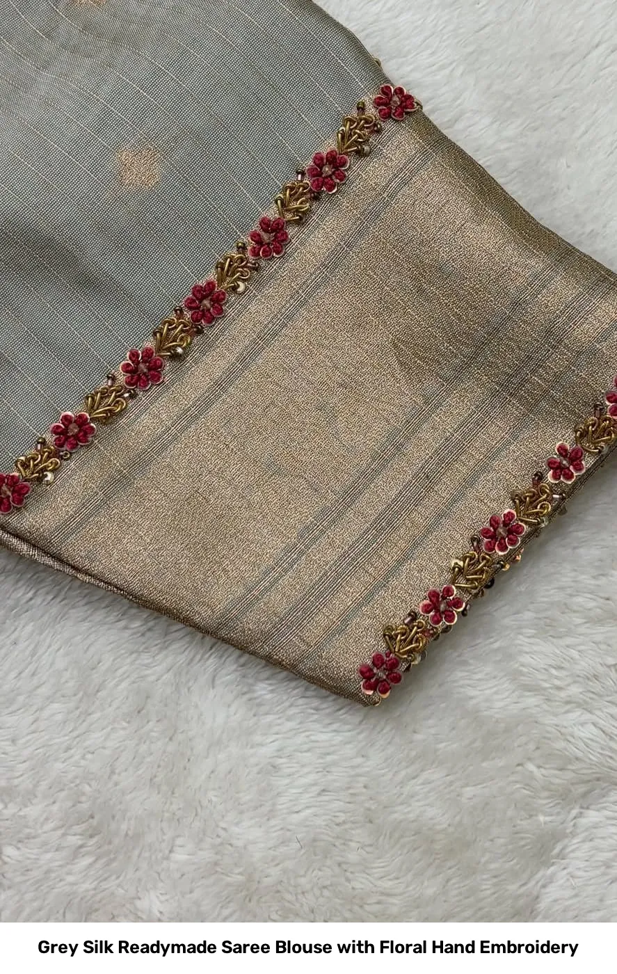 Grey Silk Readymade Saree Blouse with Floral Hand Embroidery 3